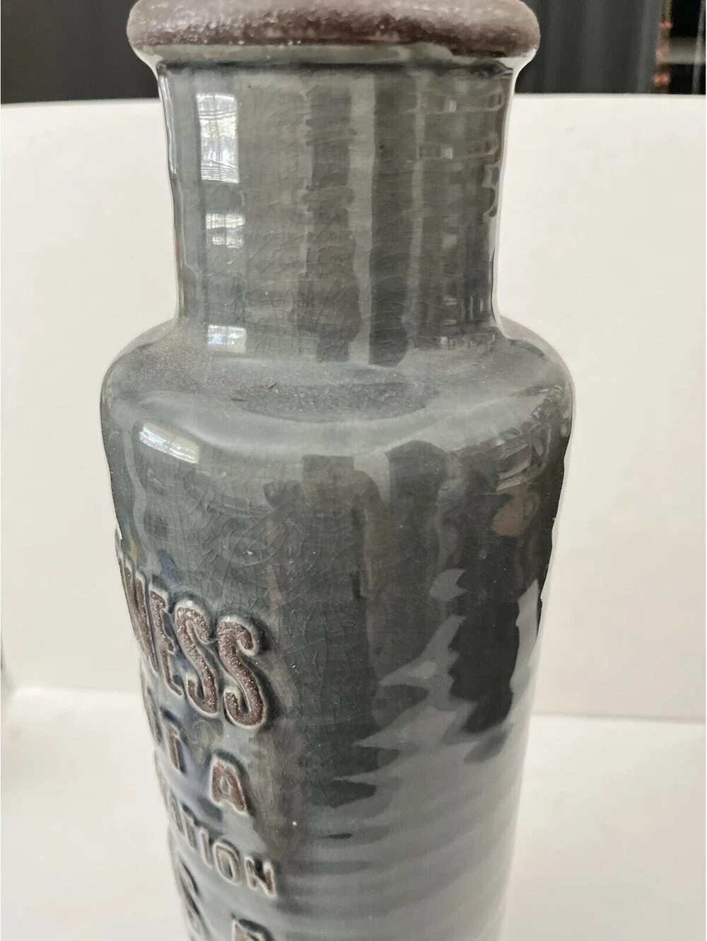 Vase 16 In Tall Raised Lettering “Happiness Is A Way Of Life” Jar Pottery Grey